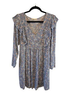 FLORAL PRINT COTTON ON DRESS LONG SLEEVE BACK SELF TIE SIZE 16 BLUE FLORAL PRINT
